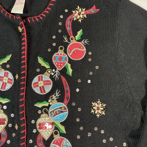 Vintage Christmas Cardigan L Sweater Crystal Kobe Black Embroidery Sequins Beads - Picture 3 of 8